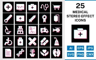 25 Medical Stereo Effect Icon Set