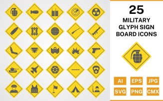 25 Military Glyph Sign Board Icon Set