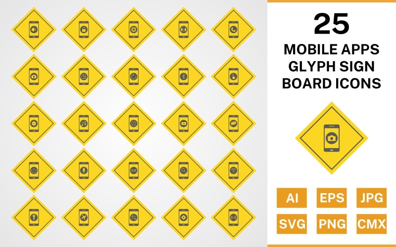 25 Mobile Apps Glyph Sign Board Icon Set
