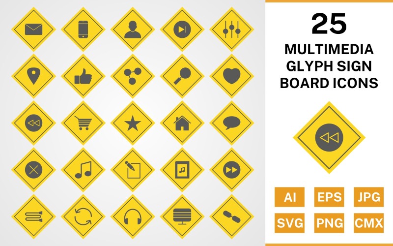 25 Multimedia Glyph Sign Board Icon Set