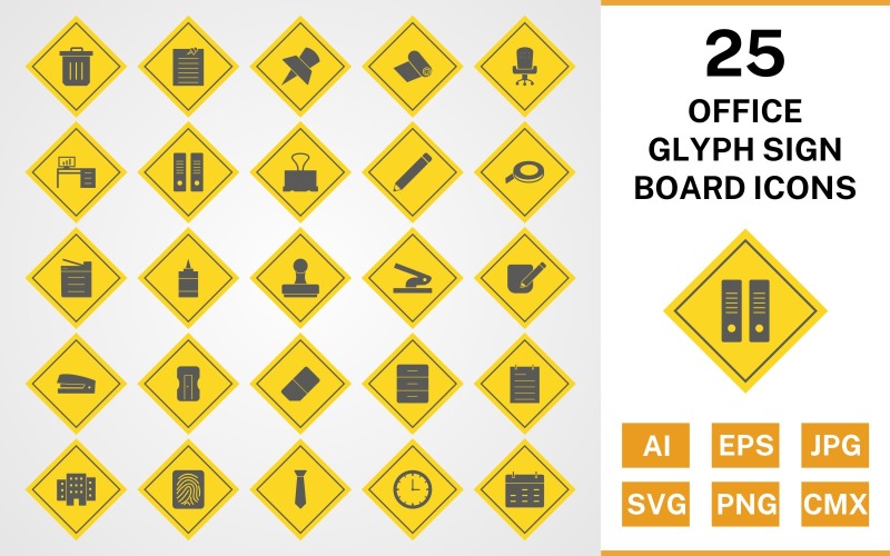 25 Office Glyph Sign Board Icon Set