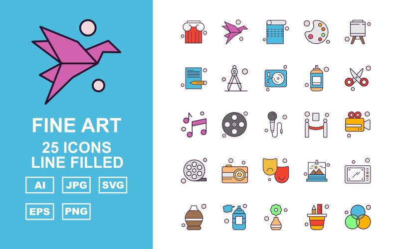 25 Premium Fine Arts Line Filled Icon Pack Set Icon Set