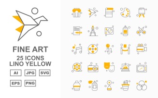 25 Premium Fine Arts Lino Yellow Icon Pack Set