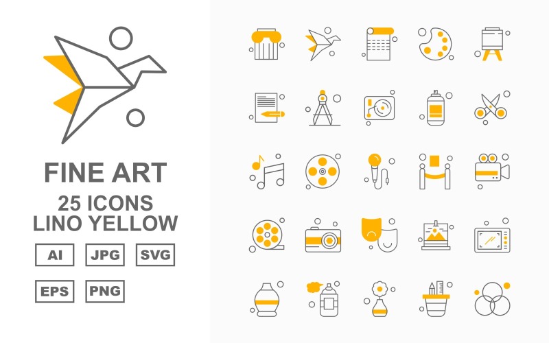 25 Premium Fine Arts Lino Yellow Icon Pack Set Icon Set