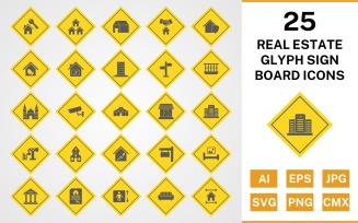 25 Real Estate Glyph Sign Board Icon Set