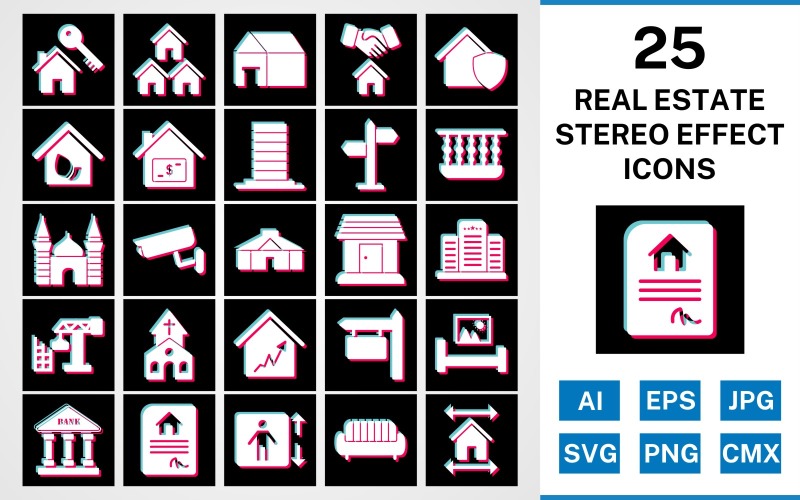 25 Real Estate Stereo Effect Icon Set