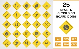 25 Sports And Games Glyph Sign Board Icon Set