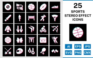 25 Sports And Games Stereo Effect Icon Set