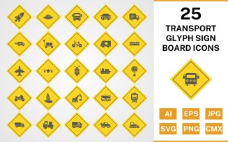 25 Transport Glyph Sign Board Icon Set
