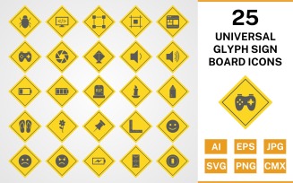 25 Universal Glyph Sign Board Icon Set