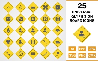 25 Universal Glyph Sign Board Icon Set