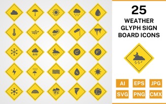 25 Weather Glyph Sign Board Icon Set