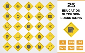 25 Education Glyph Sign Board Icon Set