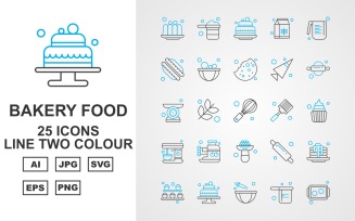 25 Premium Bakery Food Line Two Color Icon Pack Set