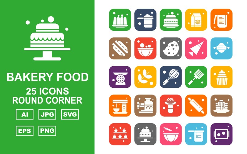 25 Premium Bakery Food Round Corner Icon Pack Set Icon Set