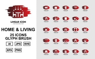 25 Premium Home And Living Glyph Brush Icon Pack Set