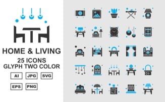 25 Premium Home And Living Glyph Two Color Icon Pack Set