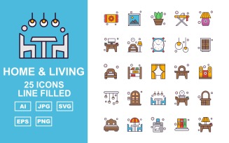25 Premium Home And Living Line Filled Icon Pack Set