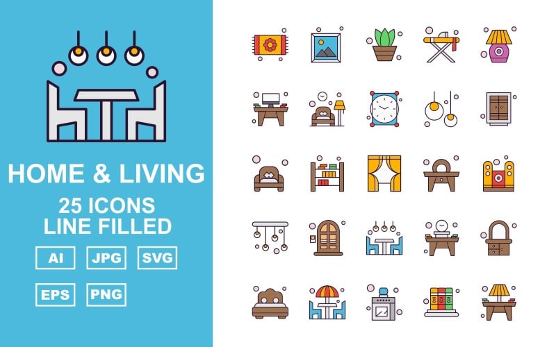 25 Premium Home And Living Line Filled Icon Pack Set Icon Set