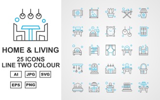 25 Premium Home And Living Line Two Color Icon Pack Set
