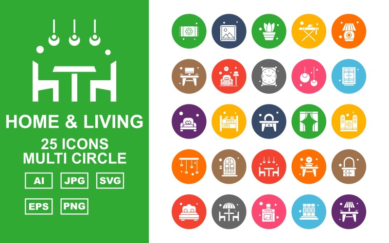 25 Premium Home And Living Multi Circle Icon Pack Set Icon Set