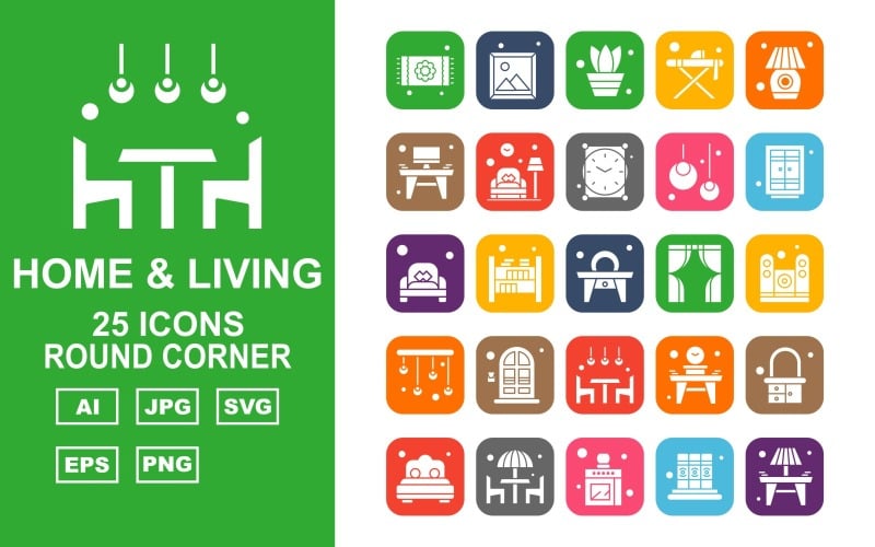 25 Premium Home And Living Round Corner Icon Pack Set Icon Set