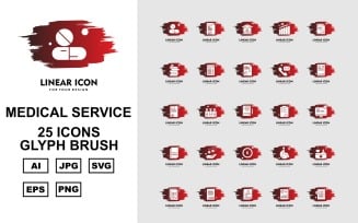 25 Premium Medical Service Glyph Brush Icon Pack Set