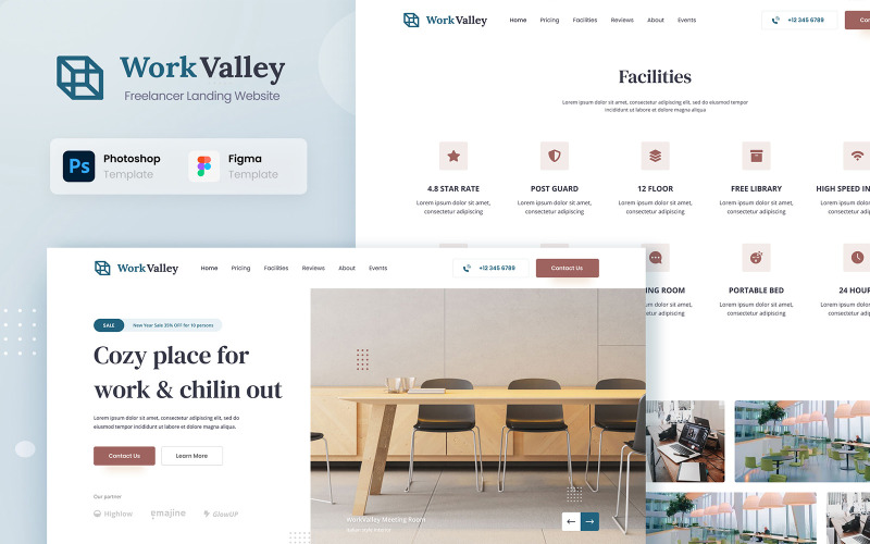 Work Valley - Coworking Space Website UI Design Figma PSD UI Element