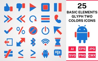 25 Basic Elements Glyph Two Colors Icon Set