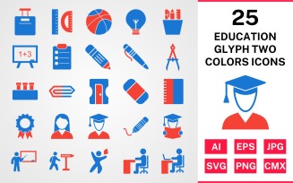 25 Education Glyph Two Colors Icon Set
