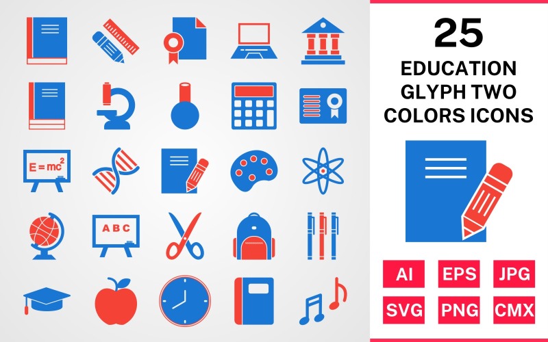 25 Education Glyph Two Colors Icon Set