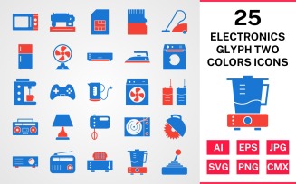25 Electronic Devices Glyph Two Colors Icon Set