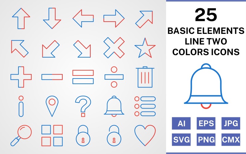 25 Basic Elements Line Two Colors Icon Set