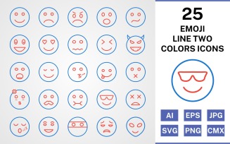 25 Emoji Line Two Colors Icon Set