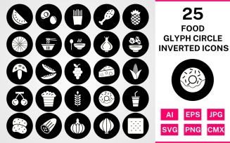25 Food Glyph Circle Inverted Icon Set