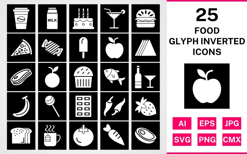 25 Food Glyph Inverted Icon Set