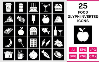 25 Food Glyph Inverted Icon Set
