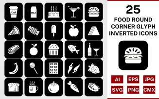 25 Food Round Corner Glyph Inverted Icon Set