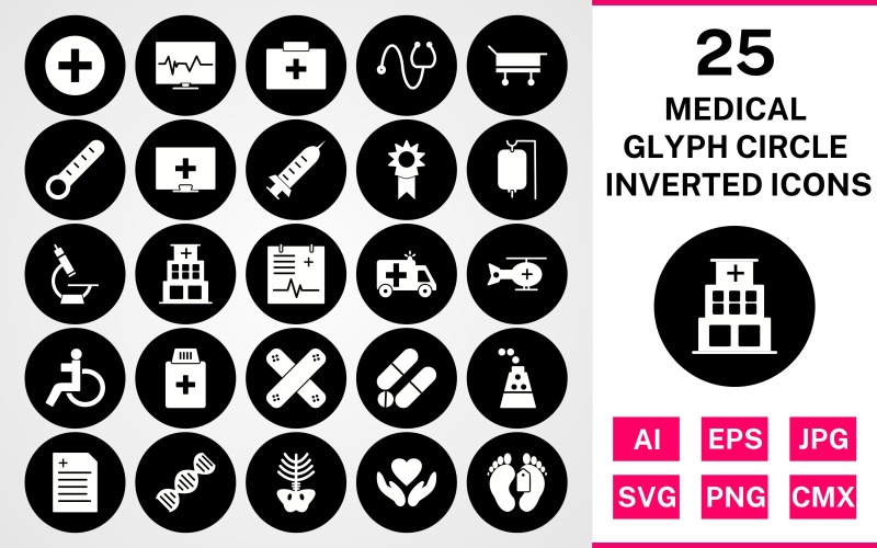 25 Medical Glyph Circle Inverted Icon Set