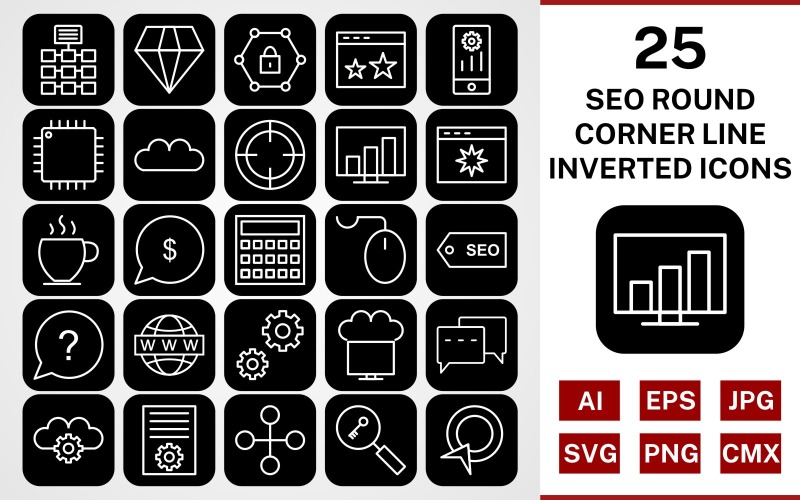 25 Seo Round Corner Line Inverted Icon Set