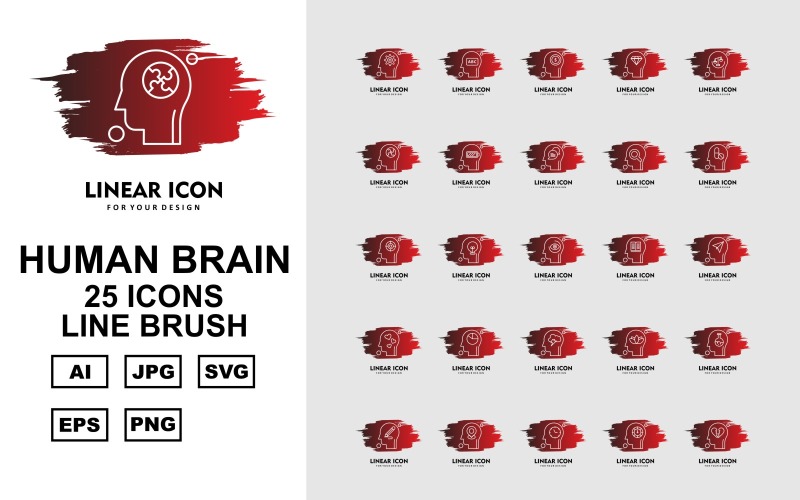 25 Premium Human Brain Line Brush Icon Set