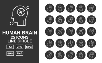 25 Premium Human Brain Line Circle Icon Set