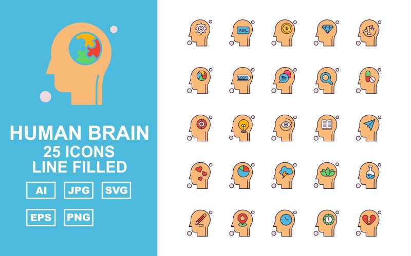 25 Premium Human Brain Line Filled Icon Set