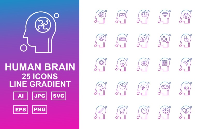 25 Premium Human Brain Line Gradient Icon Set