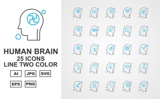 25 Premium Human Brain Line Two Color Icon Set