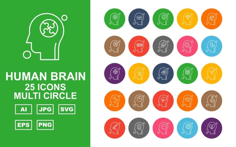 25 Premium Human Brain Multi Circle Icon Set