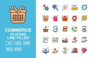 25 Premium Shopping And Commerce Line Filled Icon Set