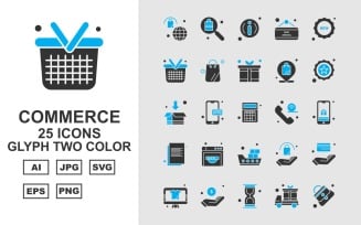 25 Premium Shopping And Commerce Line Glyph Two Color Icon Set