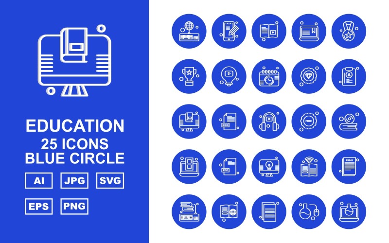 25 Premium Education Blue Circle Icon Set