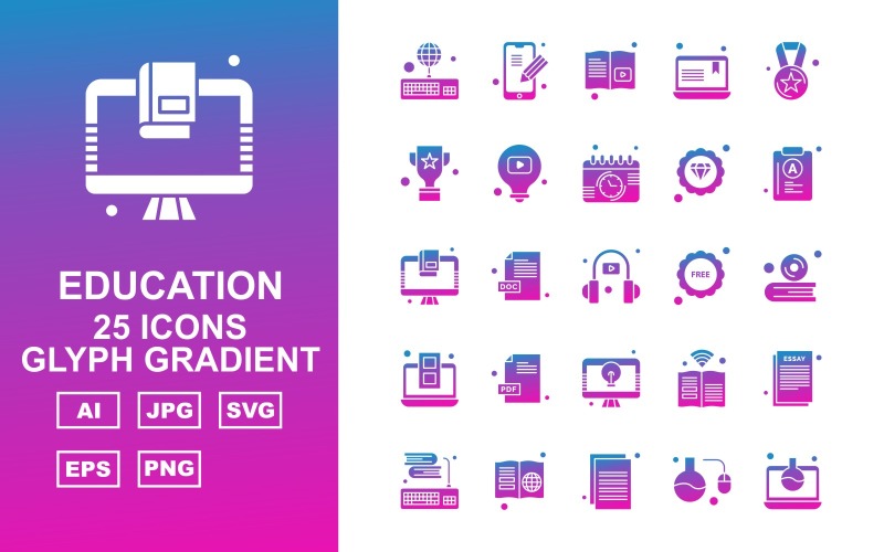 25 Premium Education Glyph Gradient Icon Set